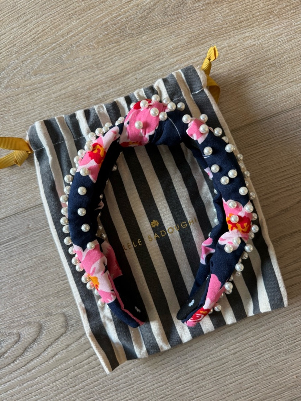 Lele Sadoughi Navy Floral Pearl-Trim Headband